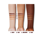 Swatches of fair, medium, medium dark, and deep bronzer on light, medium, and deep-tone arms.