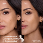 Close-up of a beauty product results graphic showing four claims: natural radiant look, blends and harmonises makeup, up to 16 hours longwear, and anti-pollution shield, with small text noting testing on 30 and 32 people.
