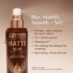 Close-up of Airbrush Flawless Setting Spray Matte bottle with text highlighting benefits: primes and sets makeup for up to 16 hours, oil and shine control, waterproof, anti-pollution shield, non-sticky micro-fine veil, and claims of no melting, fading, or creasing.