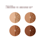 Swatches of four powder bronzers in shades of light beige, sand, medium-brown, and dark brown.