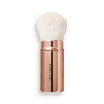 A face blending brush with white bristles in rose gold packaging.