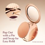 A Charlotte Tilbury compact with a mirror and refillable makeup pan. Text reads 'Pop Out with a Pin and Swap for Easy Refill' and 'Featuring Shade Medium.' An inset image shows the back of the compact with a pinhole for easy removal.