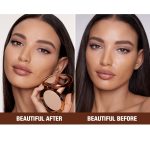 Before and after of a medium-tone brunette model with nude makeup and shiny skin before and matte, glowing skin after, after using a pressed powder in medium shade.