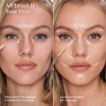 Comparison of two concealer application methods: Micro-Dot™ technique for invisible blur coverage on the left, and swipe technique for full coverage on the right.
