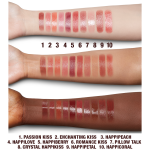 Fair, tan, and deep-tone arms with swatches of moisturising lipstick lip balms in ten shades, that are soft brown, nude peach, vibrant coral, soft pink, nude berry pink, berry-rose, medium-pink, sheer pink, wine, and bright coral.