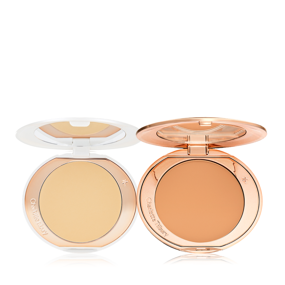 BAFF-AFF-Packshot-Tan-Deep Two, open, setting powder compacts with mirrored-lids and white and gold-coloured packaging, in banana yellow and clay-brown shades.
