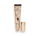 An open foundation wand in gold packaging with a pump dispenser and a medium-beige-coloured body to show the shade of the foundation inside.