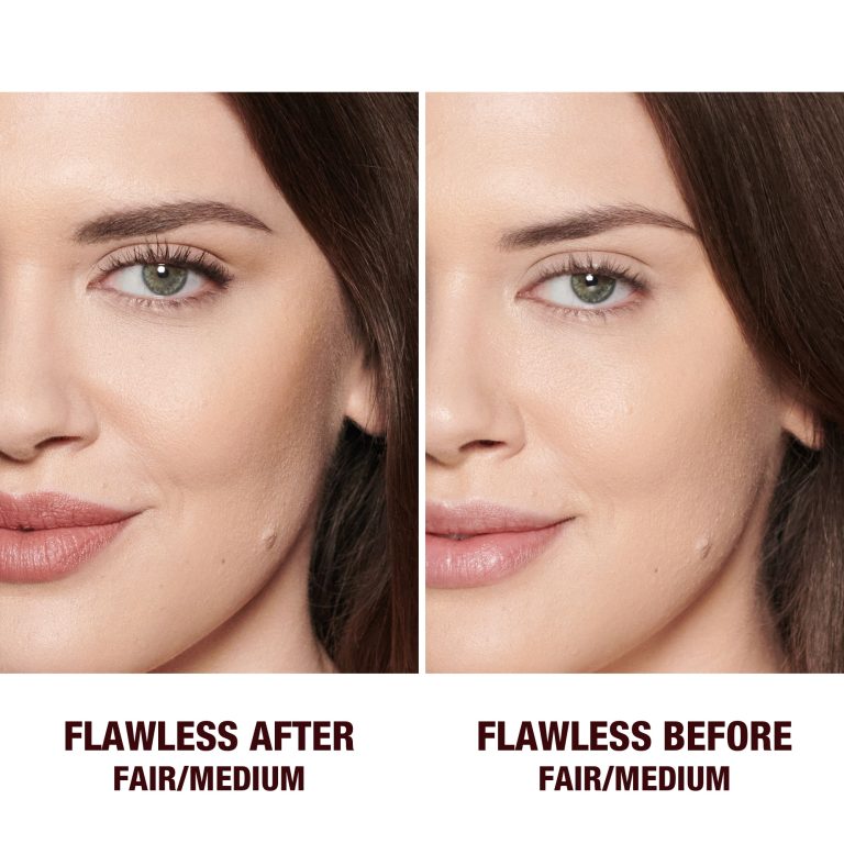 before and after of a fair-tone model wearing glowy makeup without setting it in the before shot and wearing a radiant, setting powder that brightens, cover blemishes, and makes her skin look fresh.