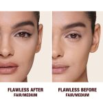 Before and after of a light-tone model wearing glowy makeup without setting it in the before shot and wearing a radiant, setting powder that brightens, covers blemishes, and makes her skin look fresh.
