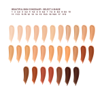 Swatches of twenty-nine, liquid concealers in shades ranging from ivory, beige, and peach to light, medium, and dark brown for fair, light, medium-light, medium, medium-dark, and deep skin tones.