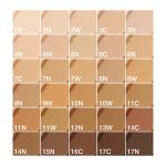 Collage of different foundation shades with a satin finish ranging from whitish-beige to black-brown for fair, light, medium, tan, and deep-tone complexions.