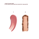 A texture swatch of a matte liquid blush and powder highlighter