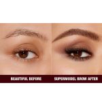 Before and after of a light-tone model with brown eyes with bare brows on one side and thick, filled, and lined eyebrows on the other side after applying a medium-brown-coloured eyebrow pencil.