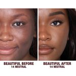 Before and after shots of a deep-tone model without any makeup and then wearing glowy, flawless skin, wearing skin-like foundation that adds a youthful glow and looks natural along with nude pink lipstick and subtle everyday eye makeup.