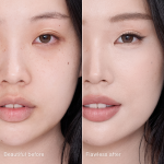 Side-by-side comparison showing skin before and after applying Charlotte Tilbury Airbrush Flawless Concealer, with text labels 'Beautiful before' and 'Flawless after'.