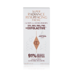 A white-coloured skincare packaging box with text that reads, 'super radiance resurfacing facial. For skin that looks reborn. 15% AHA, BHA, PHA + Exfoliative. 91% agree that skin looks instantly smoother'