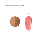 Swatches of a medium-brown powder bronzer and liquid highlighter blush in a rose-pink shade.