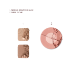 Swatches of two contouring powders for medium skin tone and a two-tone blush in a shimmery rose-gold shade.