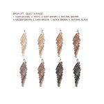 Swatches of eight eyebrow pencils in shades of  light blonde, taupe, soft brown, natural brown, medium brown, dark brown, black brown, dark brown, and jet black.