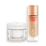 A jar of moisturiser next to a bottle of liquid foundation