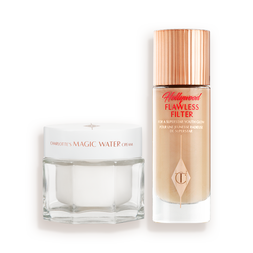 CHARLOTTE-S_HOLLYWOOD_KIT A jar of moisturiser next to a bottle of liquid foundation