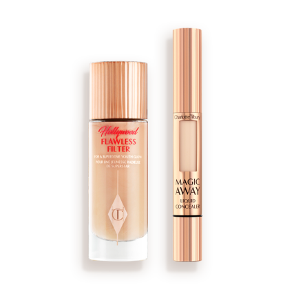 A glow-boosting primer with a fair-tone concealer, both in reflective golden-coloured packaging. 