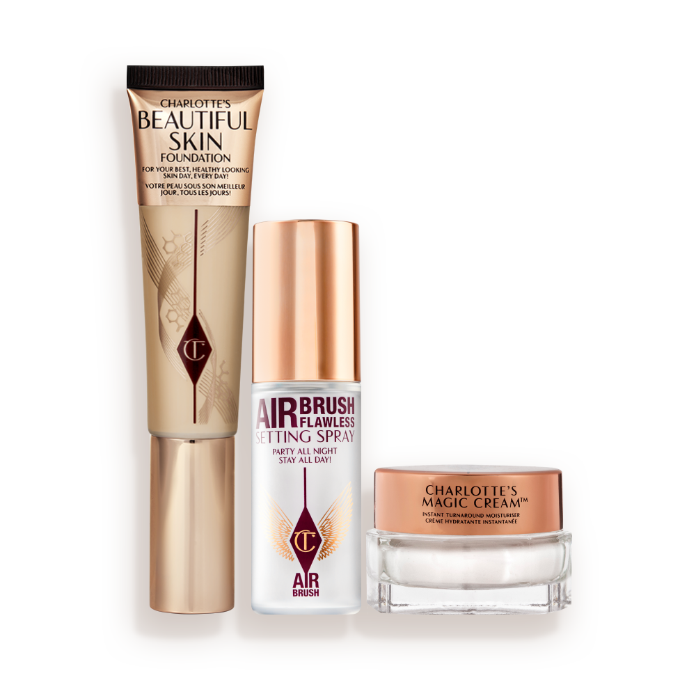 CHARLOTTEa__S_AWARD-WINNING_COMPLEXION_TRIO-BUNDLE Beautiful Skin Foundation, Setting Spray and Magic Cream packaging