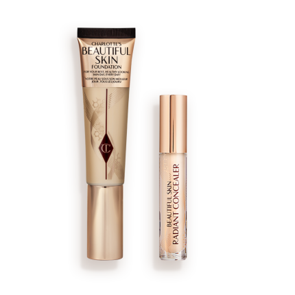 Foundation in a sleek gold-coloured tube with a concealer in a glass tube and gold-coloured lid.