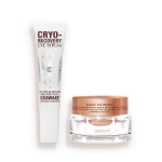 An open, white-coloured eye serum tube with silver-colour geometric patterns on the front and text written on it that reads, 'eye appear depuffed and brighter with Iceawake, caffeine complex' and an open, champagne-coloured thick, eye cream in a glass pot with a gold-coloured lid.