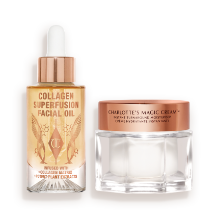 A light-gold-coloured facial oil in a glass bottle with a gold and white-coloured dropper lid with a white and gold-coloured dropper lid and pearly-white face cream in a glass jar with a gold-coloured lid.