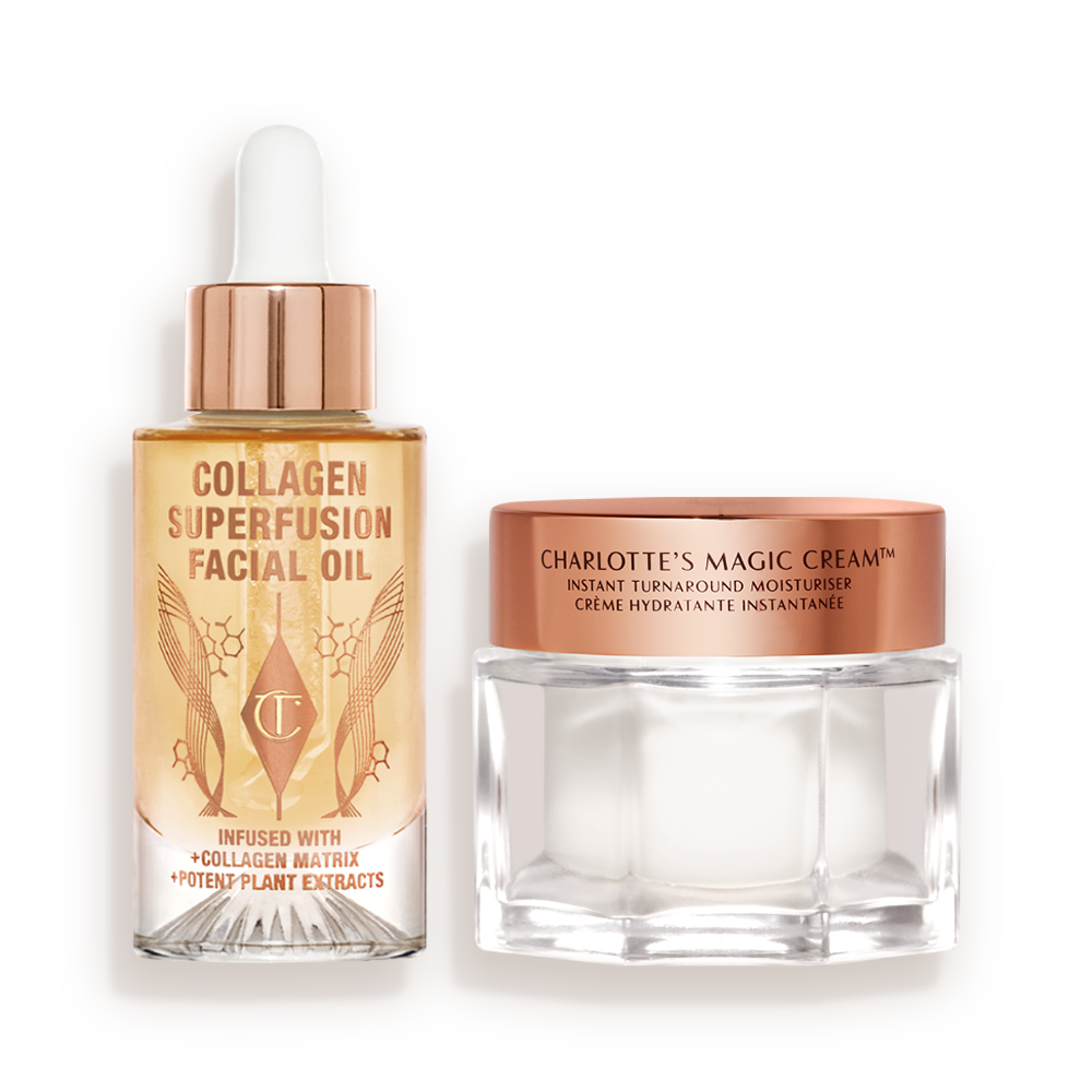 CHARLOTTEa__S_SPA-LIKE_RADIANCE_SKINCARE_SET A light-gold-coloured facial oil in a glass bottle with a gold and white-coloured dropper lid with a white and gold-coloured dropper lid and pearly-white face cream in a glass jar with a gold-coloured lid.