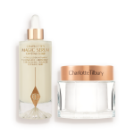 A large serum in a glass bottle with a golden and white-coloured dropper lid and pearly-white face cream in a glass jar with a rose-gold-coloured lid.