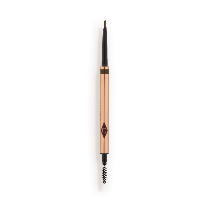 A double-ended eyebrow pencil and spoolie brush duo in a brown shade with gold-coloured packaging.