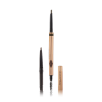 A double-ended eyebrow pencil and spoolie brush duo in a natural brown shade with gold-coloured packaging and the refill besides it.