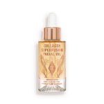 A light-gold-coloured facial oil in a glass bottle with a gold and white-coloured dropper lid.