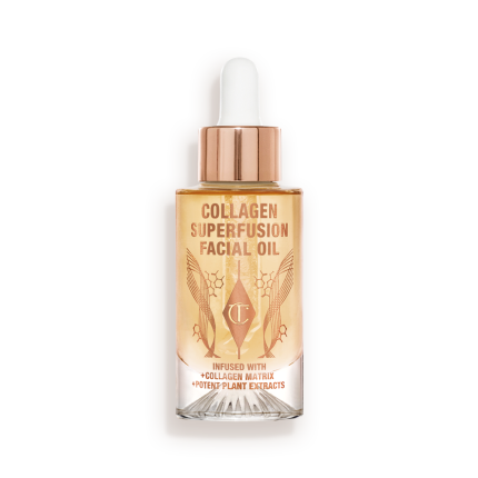 A light-gold-coloured facial oil in a glass bottle with a gold and white-coloured dropper lid.