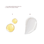 Swatches of light gold-coloured facial oil and pearly-white face cream.