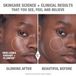 Before and after of a deep-tone model with bare skin in the before shot and facial oil applied in the after shot, making the skin look radiant and plumper.