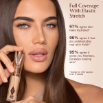 Charlotte Tilbury Airbrush Flawless Concealer shown with text highlighting benefits: 97% agree skin feels hydrated, 96% agree it has an undetectable real-skin finish, 95% agree it gives flawless, poreless looking skin; tested on 309 people over 8 weeks.
