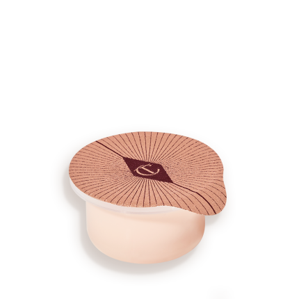 Refill of a champagne-coloured, thick and luscious eye cream in a petite pot with an easy-to-peel-off cover.
