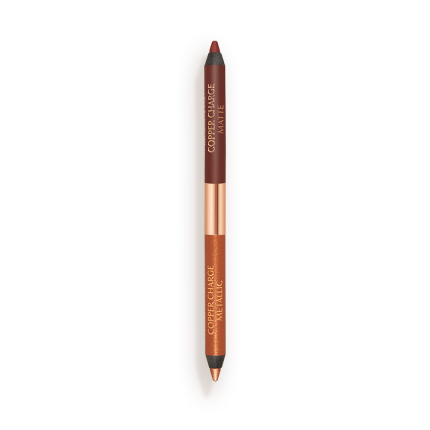 An open, double-ended eyeliner pen in warm rust and copper colours.