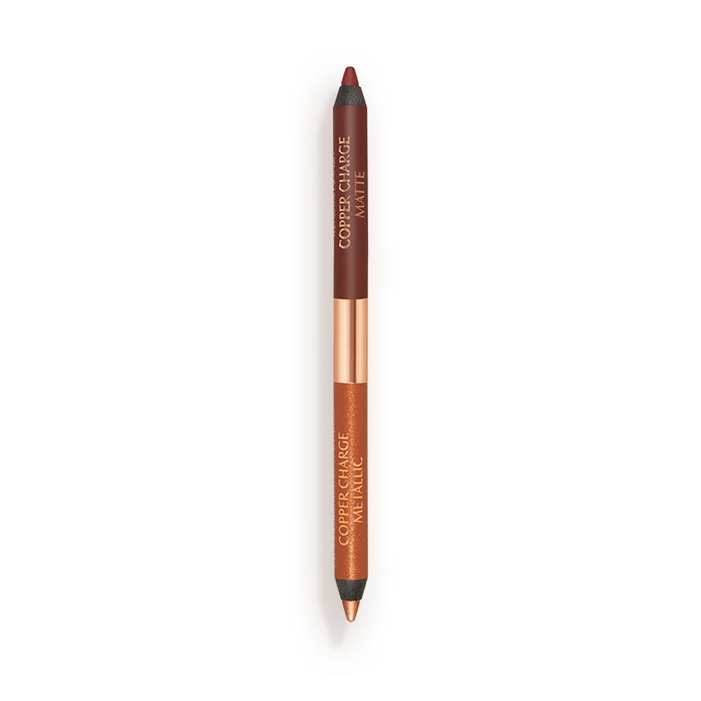 ECM_Copper_Liner_Open_Packshot An open, double-ended eyeliner pen in warm rust and copper colours.
