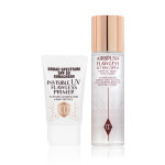 SPF-infused primer in a white-coloured tube with a setting spray in a large bottle with a gold-coloured lid.
