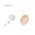 Swatches of a watery, silvery-white toner and a thick, fawn-coloured face cream.