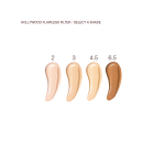 Swatches of four, glowy primers in nude peach, light golden-beige, yellow-beige, and dark brown.