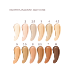 Swatches of six, glowy primers ranging from ivory, peach, and beige to sand, light brown, medium brown, and dark brown for fair, light, medium-light, medium, medium-dark, and deep tones.