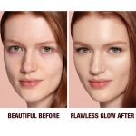 Close-up of a before and after of a fair-tone model wearing smokey rose gold eye makeup with a glow-boosting primer that blurs her pores and makes skin look flawless.