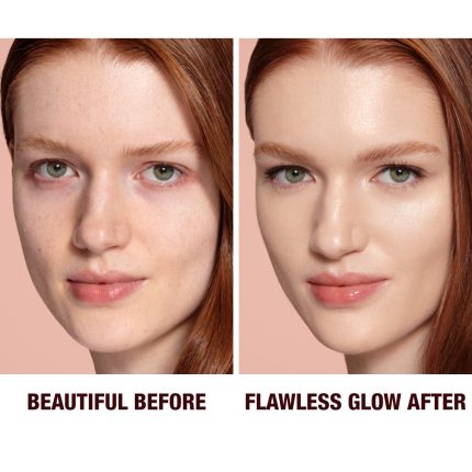 Close-up of a before and after of a fair-tone model wearing smokey rose gold eye makeup with a glow-boosting primer that blurs her pores and makes skin look flawless.