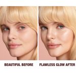 Close-up of a before and after of a light-medium-tone model wearing smokey brown eye makeup with a  glow-boosting primer that blurs her pores and makes skin look flawless.