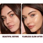 Close-up of a before and after of a medium-tone model wearing smokey brown and black eye makeup with a  glow-boosting primer that blurs her pores and makes skin look flawless.